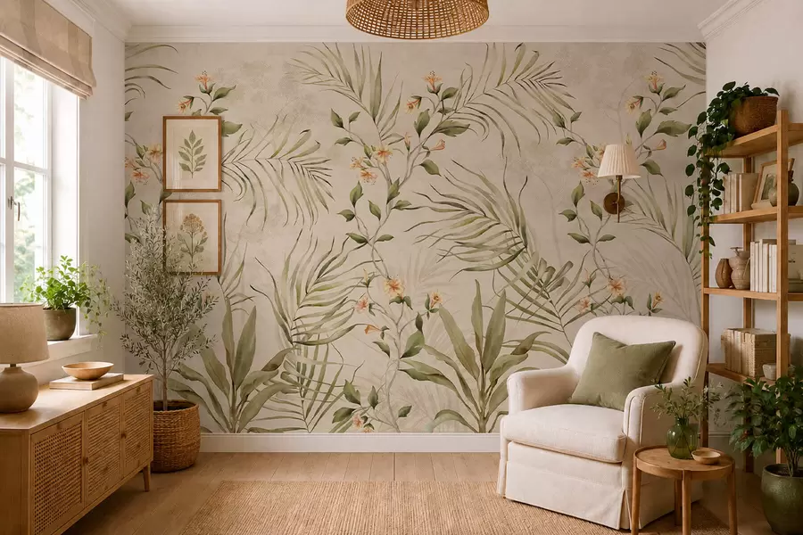 murais de parede Folhas tropicais e flores delicadas sobre um fundo bege w05625
