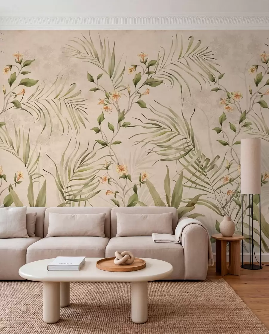 murais de parede Folhas tropicais e flores delicadas sobre um fundo bege w05625
