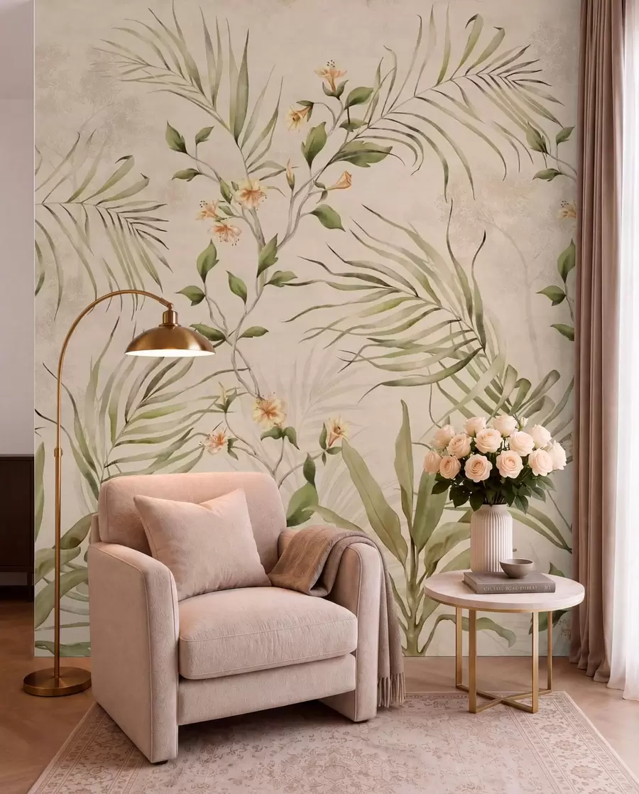 murais de parede Folhas tropicais e flores delicadas sobre um fundo bege w05625