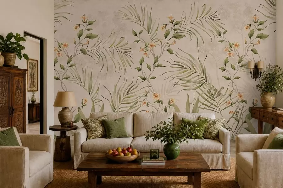 murais de parede Folhas tropicais e flores delicadas sobre um fundo bege w05625
