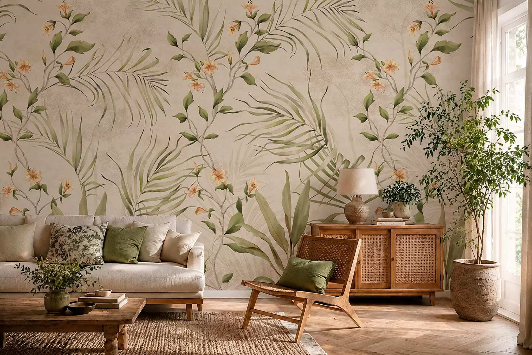 murais de parede Folhas tropicais e flores delicadas sobre um fundo bege w05625