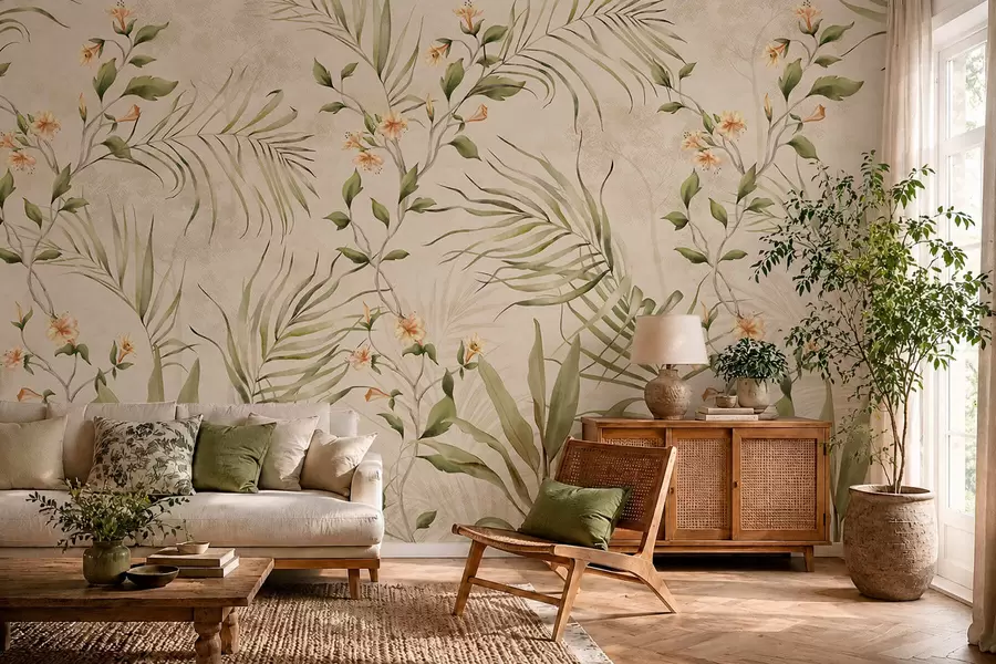 murais de parede Folhas tropicais e flores delicadas sobre um fundo bege w05625