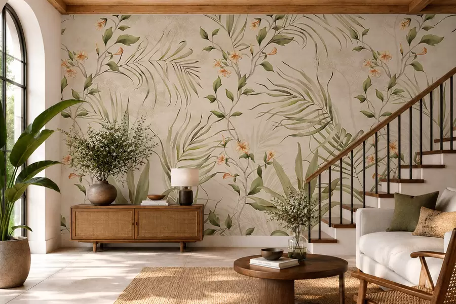 murais de parede Folhas tropicais e flores delicadas sobre um fundo bege w05625