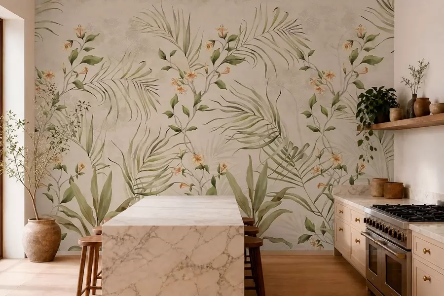 murais de parede Folhas tropicais e flores delicadas sobre um fundo bege w05625