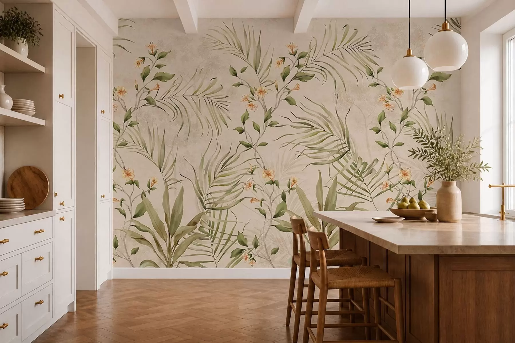 murais de parede Folhas tropicais e flores delicadas sobre um fundo bege w05625