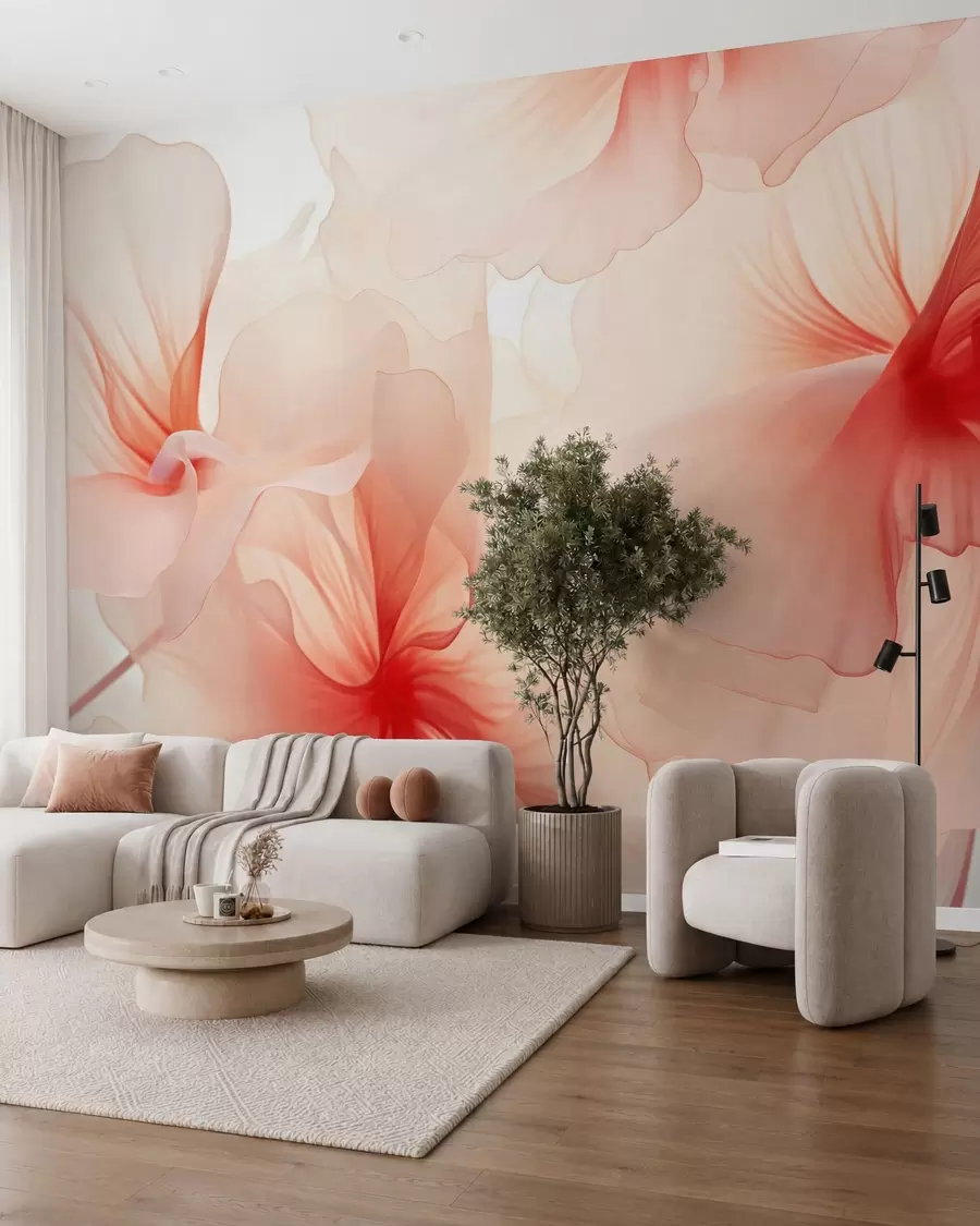 murais de parede Flores em tons suaves, com pétalas leves e translúcidas num estilo de aguarela, numa elegante composição floral w05360