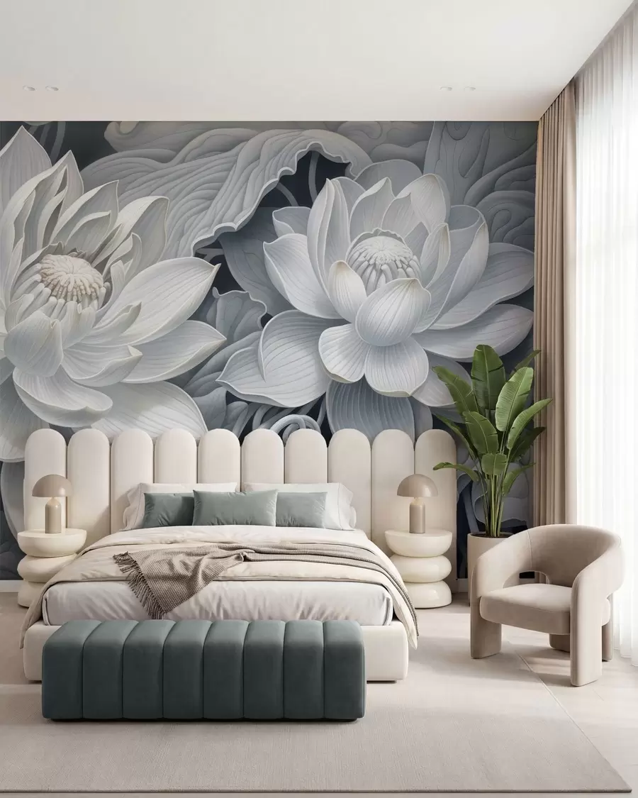 murais de parede Flores de lótus vintage com suaves tons sépia e pétalas detalhadas, ilustração botânica artística w05494