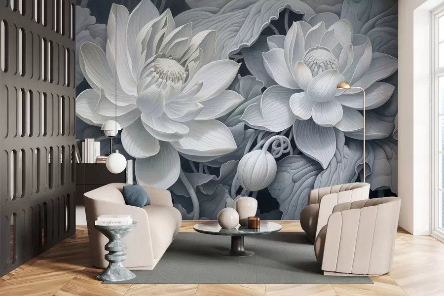 murais de parede Flores de lótus vintage com suaves tons sépia e pétalas detalhadas, ilustração botânica artística w05494