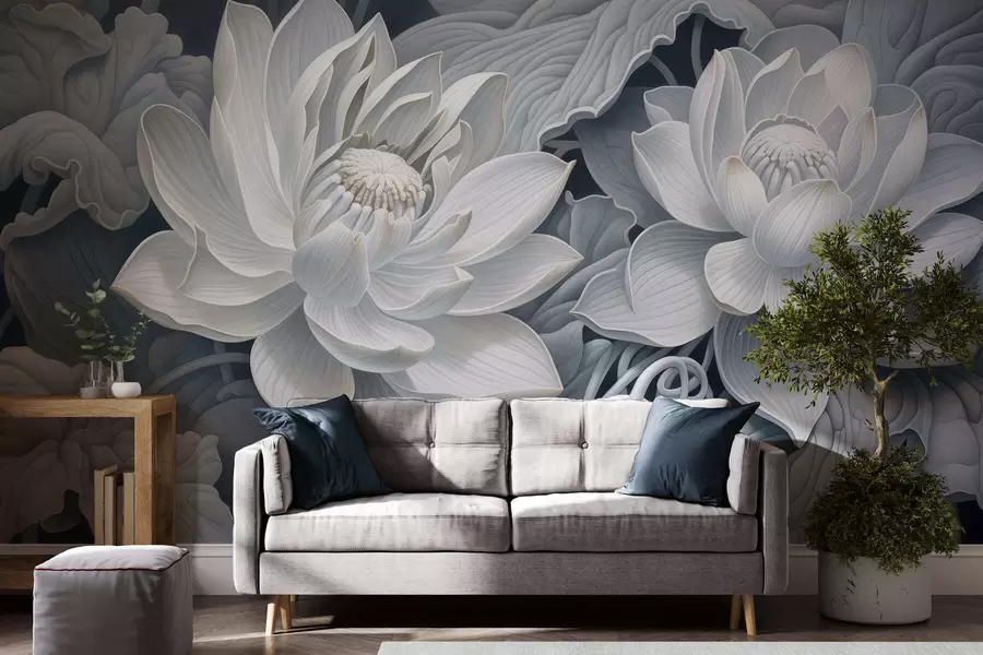 murais de parede Flores de lótus vintage com suaves tons sépia e pétalas detalhadas, ilustração botânica artística w05494
