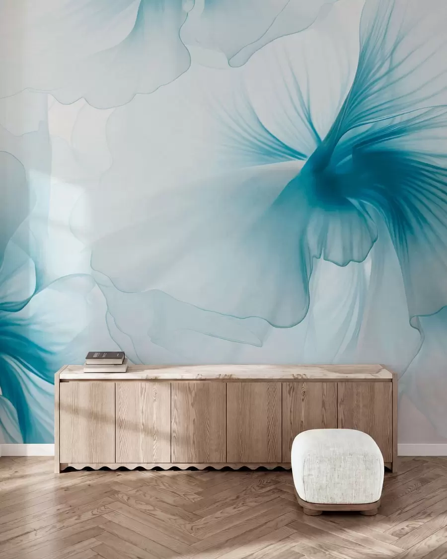 murais de parede Flores em tons suaves, com pétalas leves e translúcidas num estilo de aguarela, numa elegante composição floral w05360v2