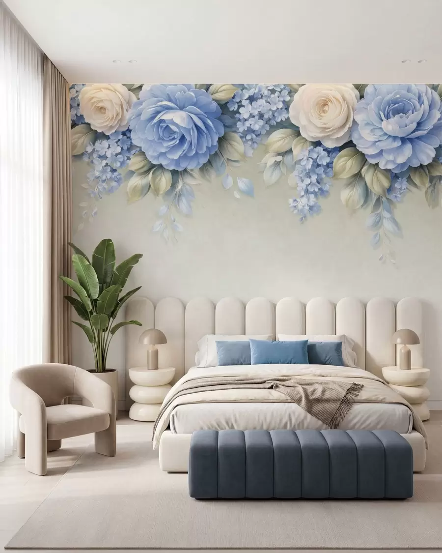 murais de parede Rosas delicadas e ramos florais numa composição botânica inspirada na porcelana, com pétalas suaves dispostas em camadas e folhas elegantes e esvoaçantes w05495
