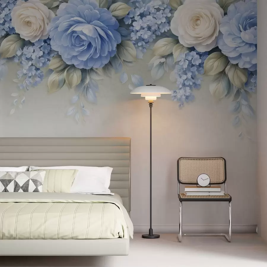 murais de parede Rosas delicadas e ramos florais numa composição botânica inspirada na porcelana, com pétalas suaves dispostas em camadas e folhas elegantes e esvoaçantes w05495