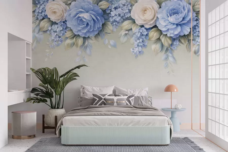 murais de parede Rosas delicadas e ramos florais numa composição botânica inspirada na porcelana, com pétalas suaves dispostas em camadas e folhas elegantes e esvoaçantes w05495