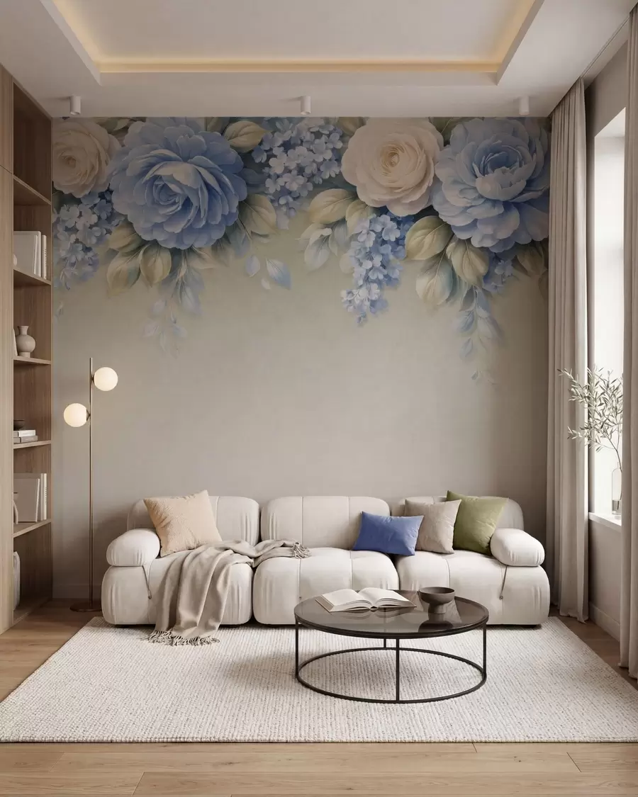 murais de parede Rosas delicadas e ramos florais numa composição botânica inspirada na porcelana, com pétalas suaves dispostas em camadas e folhas elegantes e esvoaçantes w05495