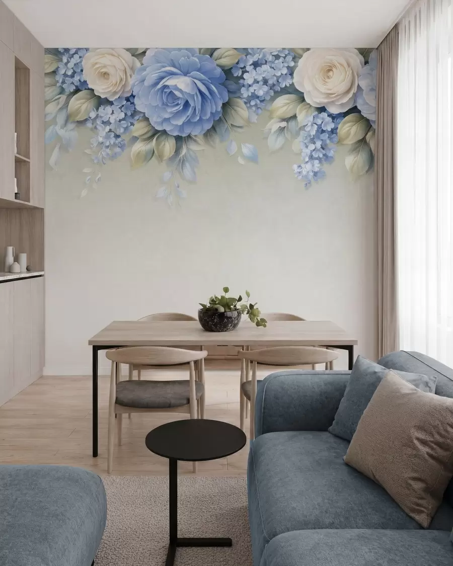 murais de parede Rosas delicadas e ramos florais numa composição botânica inspirada na porcelana, com pétalas suaves dispostas em camadas e folhas elegantes e esvoaçantes w05495