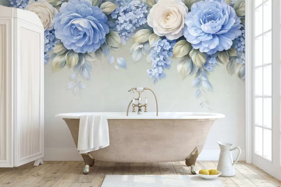 murais de parede Rosas delicadas e ramos florais numa composição botânica inspirada na porcelana, com pétalas suaves dispostas em camadas e folhas elegantes e esvoaçantes w05495