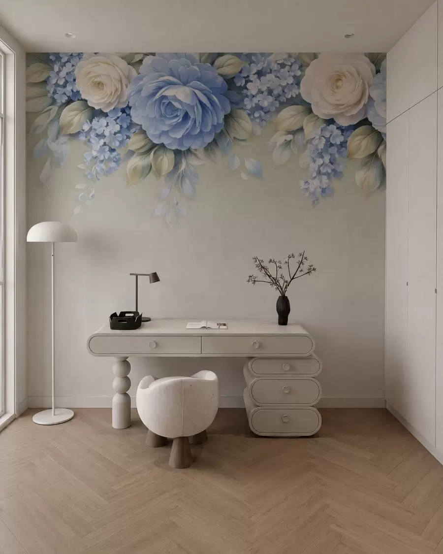 murais de parede Rosas delicadas e ramos florais numa composição botânica inspirada na porcelana, com pétalas suaves dispostas em camadas e folhas elegantes e esvoaçantes w05495