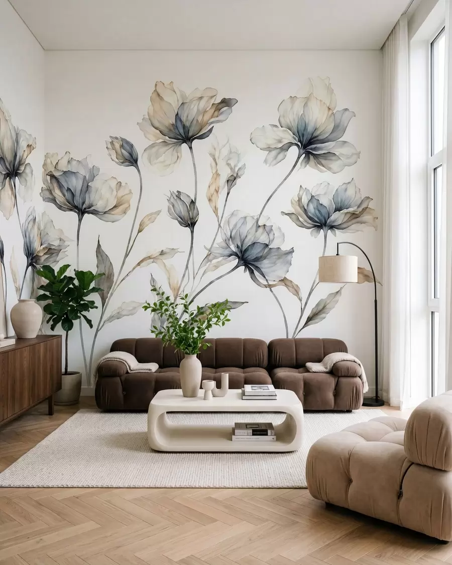 murais de parede Flores elegantes e arejadas, com pétalas translúcidas dispostas em camadas, em hastes longas e delicadas w05579