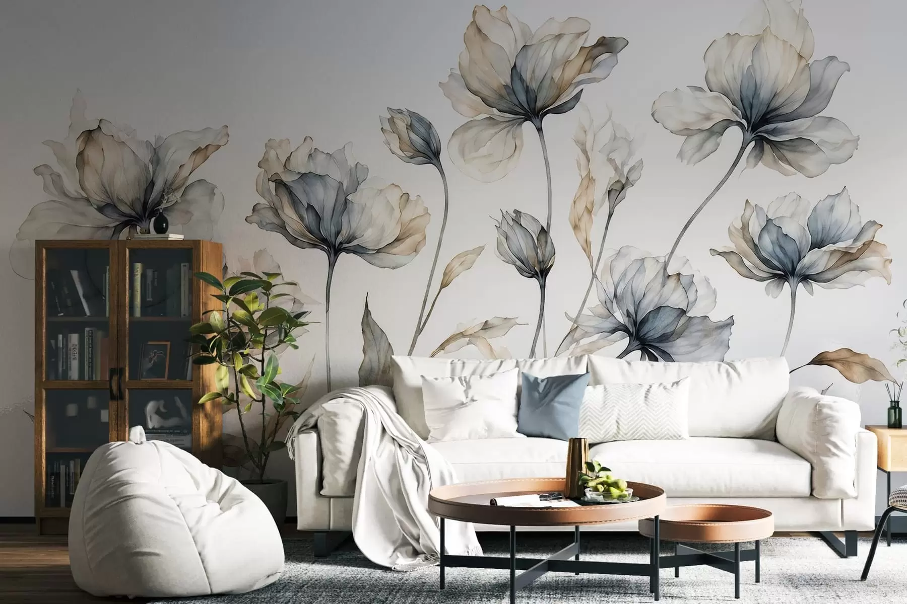 murais de parede Flores elegantes e arejadas, com pétalas translúcidas dispostas em camadas, em hastes longas e delicadas w05579