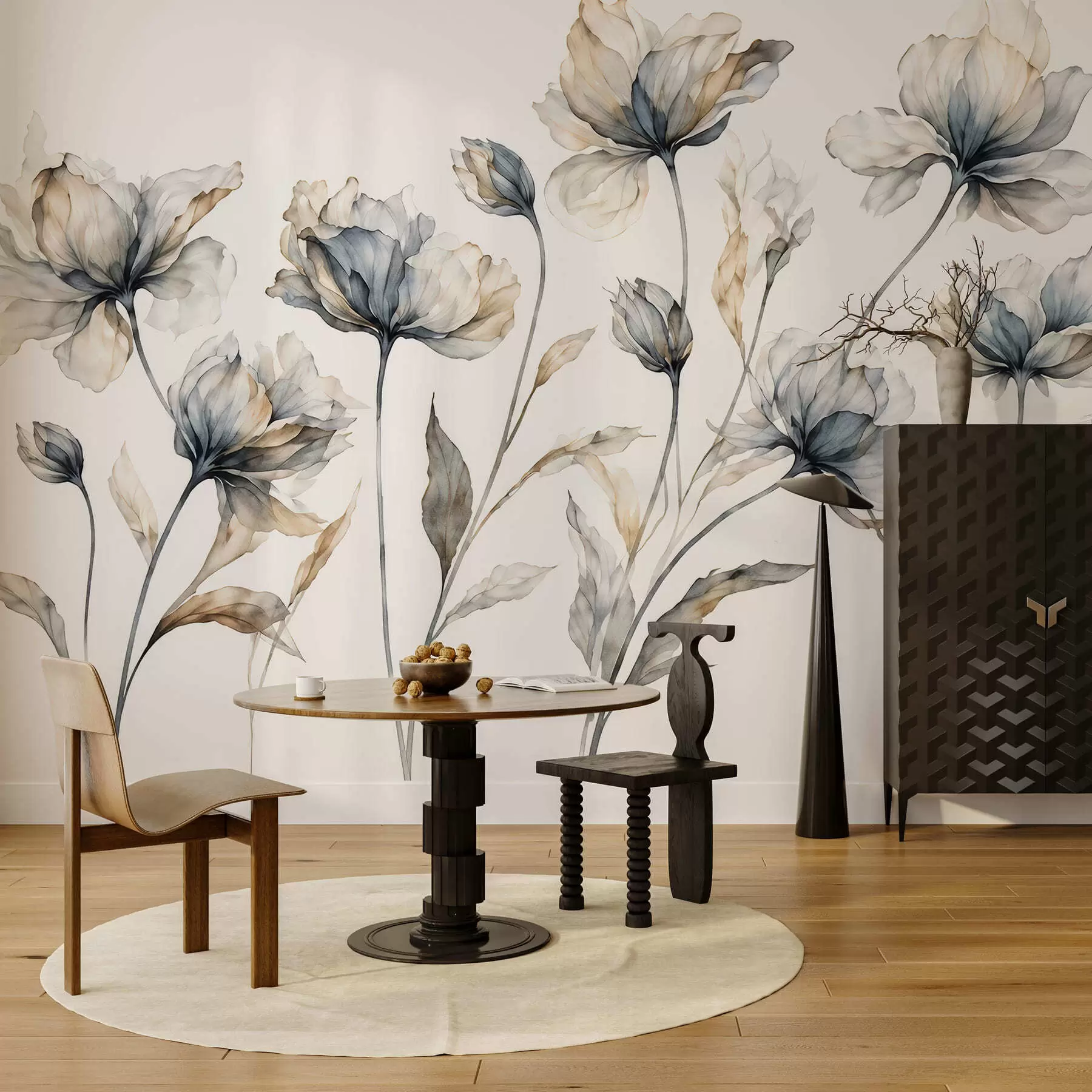 murais de parede Flores elegantes e arejadas, com pétalas translúcidas dispostas em camadas, em hastes longas e delicadas w05579