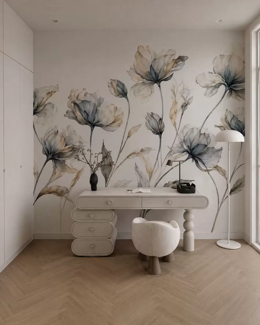 murais de parede Flores elegantes e arejadas, com pétalas translúcidas dispostas em camadas, em hastes longas e delicadas w05579
