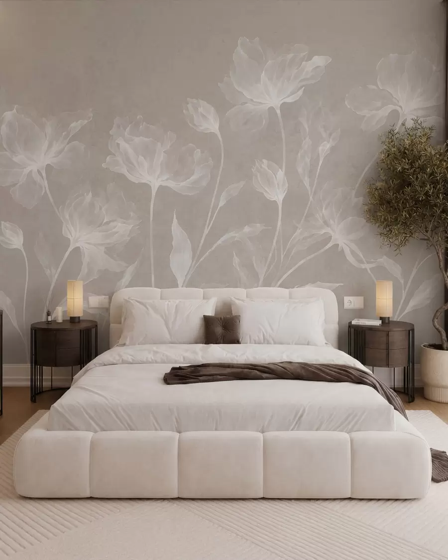 murais de parede Flores elegantes e arejadas, com pétalas translúcidas dispostas em camadas, em hastes longas e delicadas w05579v1