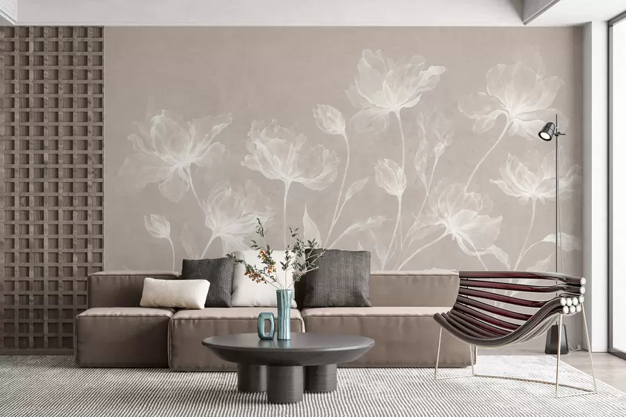 murais de parede Flores elegantes e arejadas, com pétalas translúcidas dispostas em camadas, em hastes longas e delicadas w05579v1