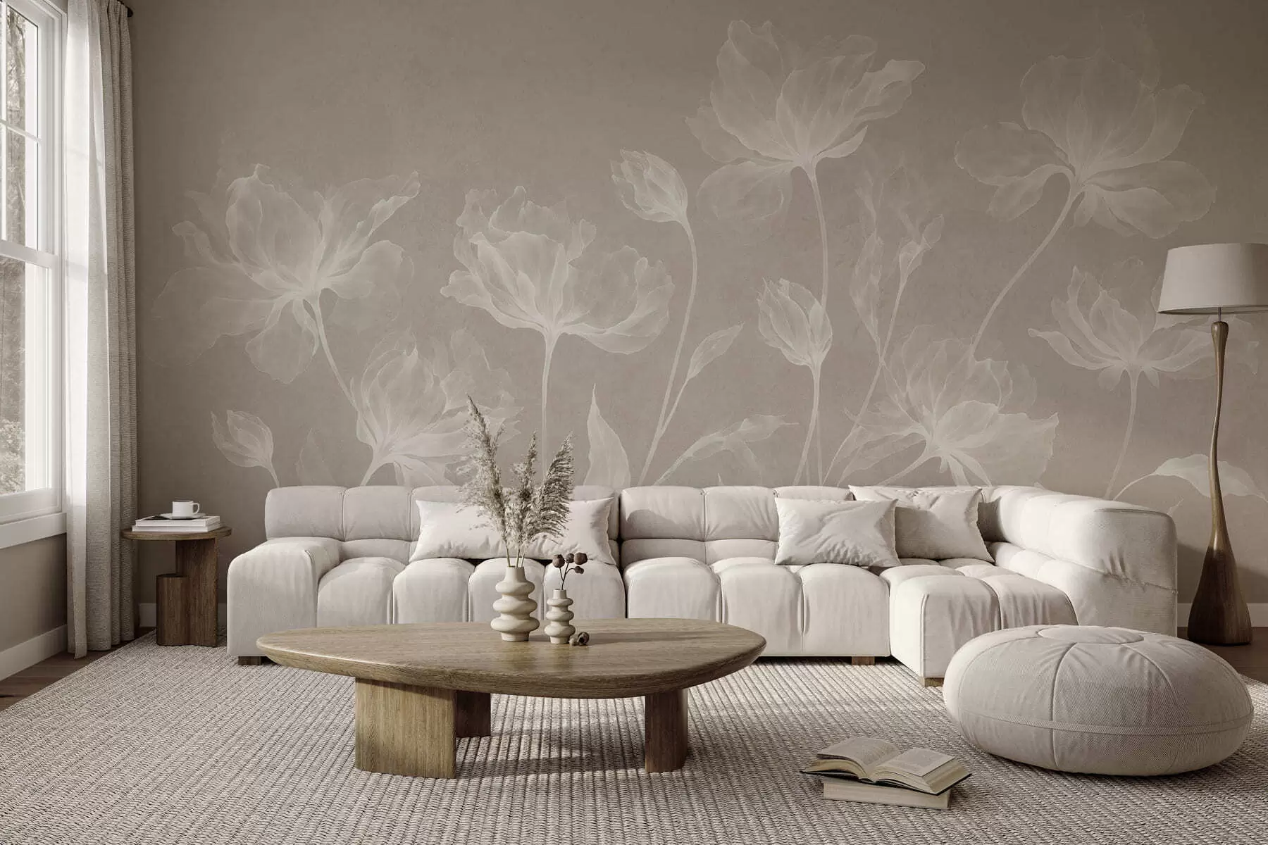 murais de parede Flores elegantes e arejadas, com pétalas translúcidas dispostas em camadas, em hastes longas e delicadas w05579v1