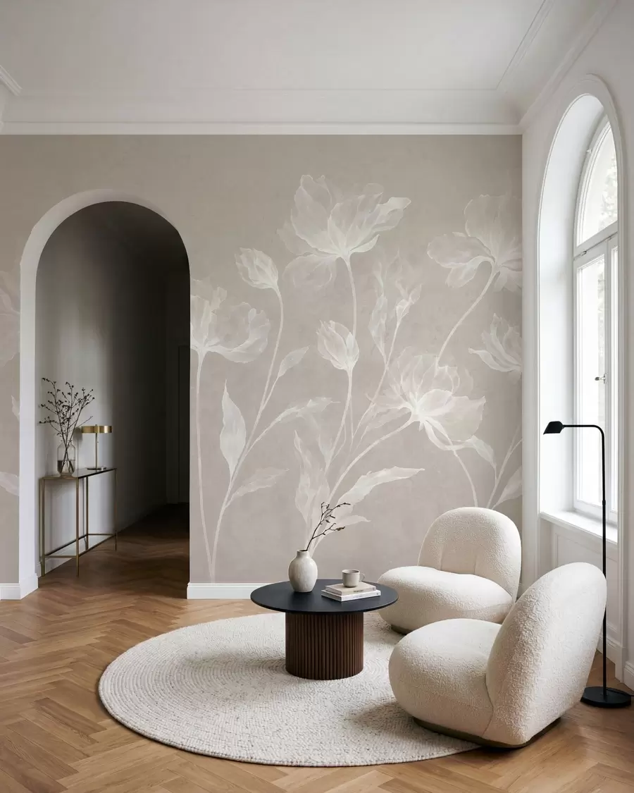 murais de parede Flores elegantes e arejadas, com pétalas translúcidas dispostas em camadas, em hastes longas e delicadas w05579v1