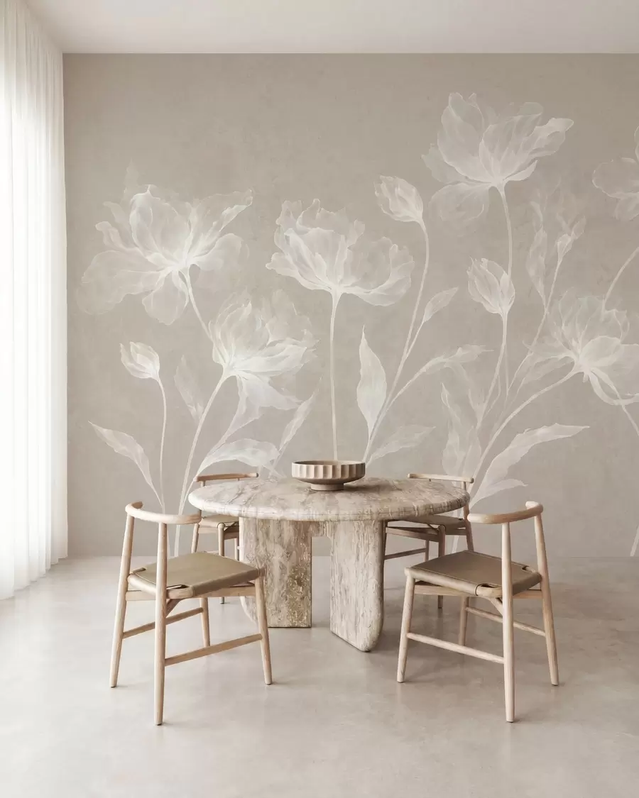 murais de parede Flores elegantes e arejadas, com pétalas translúcidas dispostas em camadas, em hastes longas e delicadas w05579v1