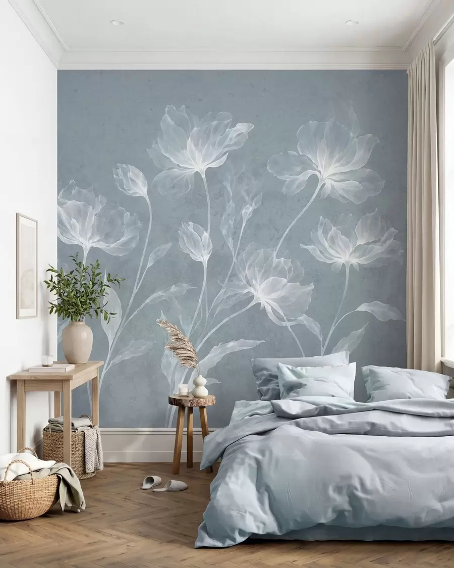 murais de parede Flores elegantes e arejadas, com pétalas translúcidas dispostas em camadas, em hastes longas e delicadas w05579v2