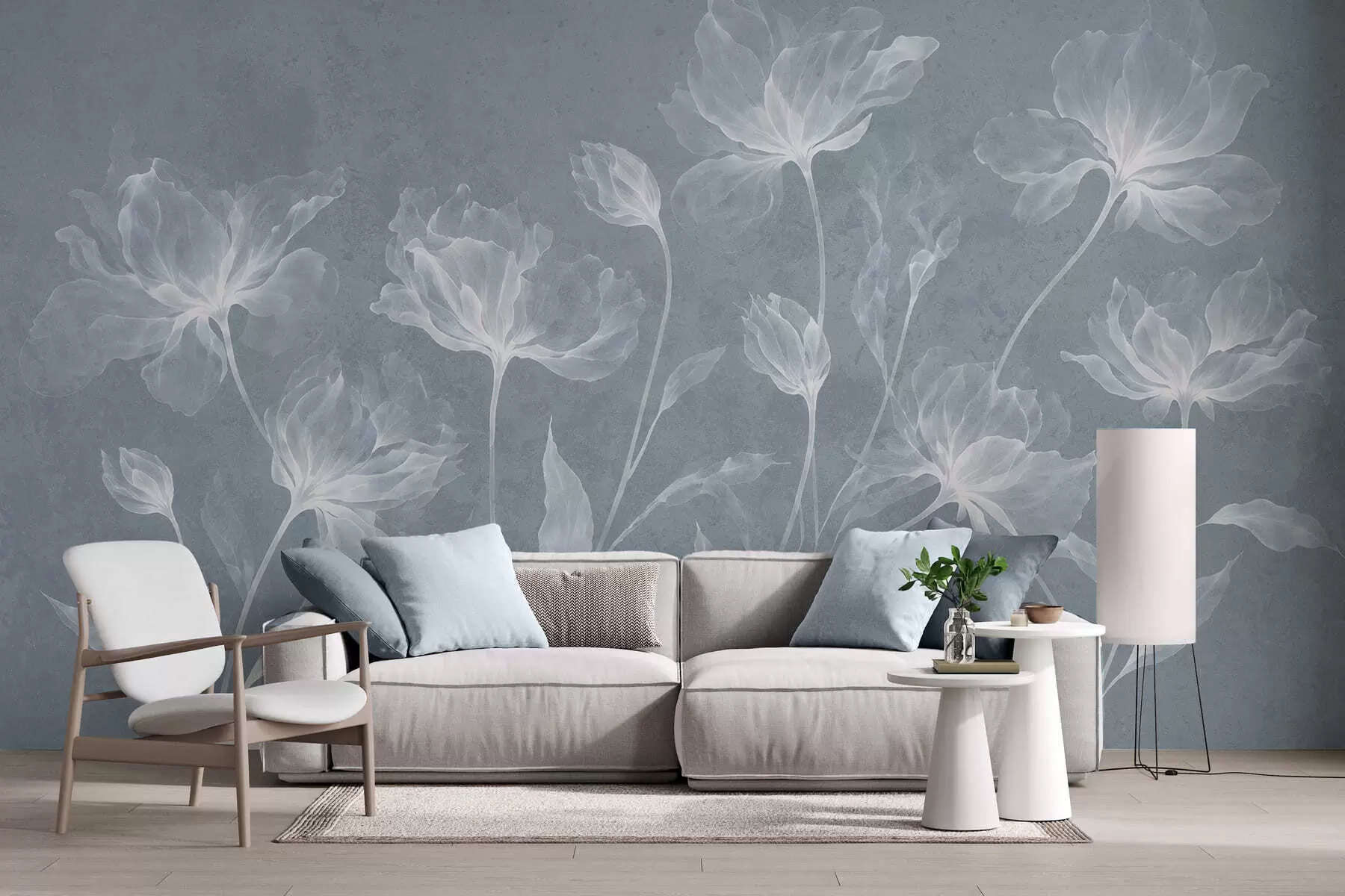 murais de parede Flores elegantes e arejadas, com pétalas translúcidas dispostas em camadas, em hastes longas e delicadas w05579v2