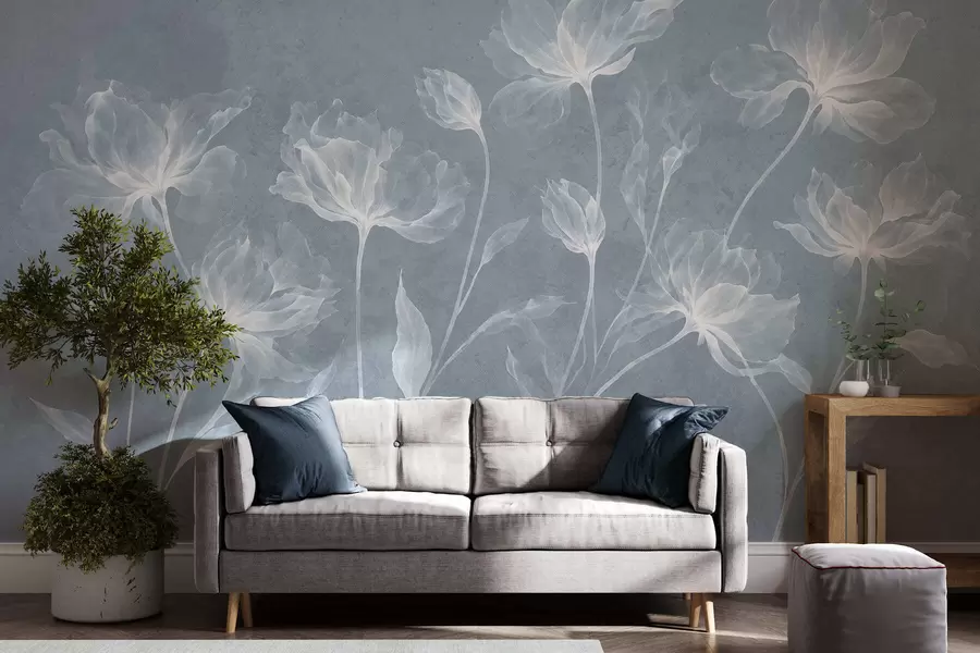murais de parede Flores elegantes e arejadas, com pétalas translúcidas dispostas em camadas, em hastes longas e delicadas w05579v2
