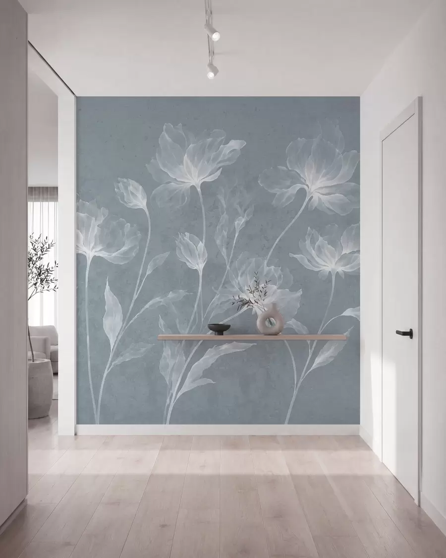 murais de parede Flores elegantes e arejadas, com pétalas translúcidas dispostas em camadas, em hastes longas e delicadas w05579v2
