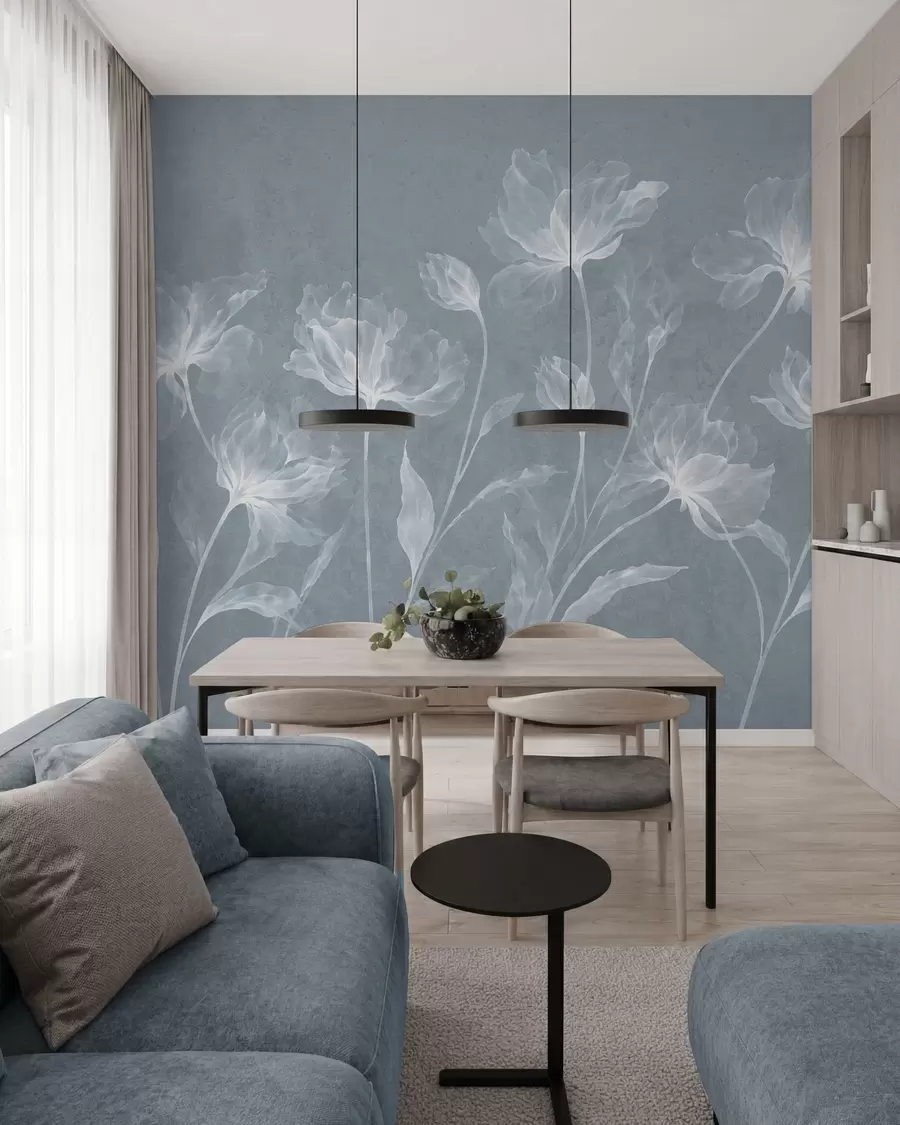murais de parede Flores elegantes e arejadas, com pétalas translúcidas dispostas em camadas, em hastes longas e delicadas w05579v2