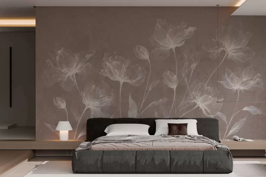murais de parede Flores elegantes e arejadas, com pétalas translúcidas dispostas em camadas, em hastes longas e delicadas w05579v3