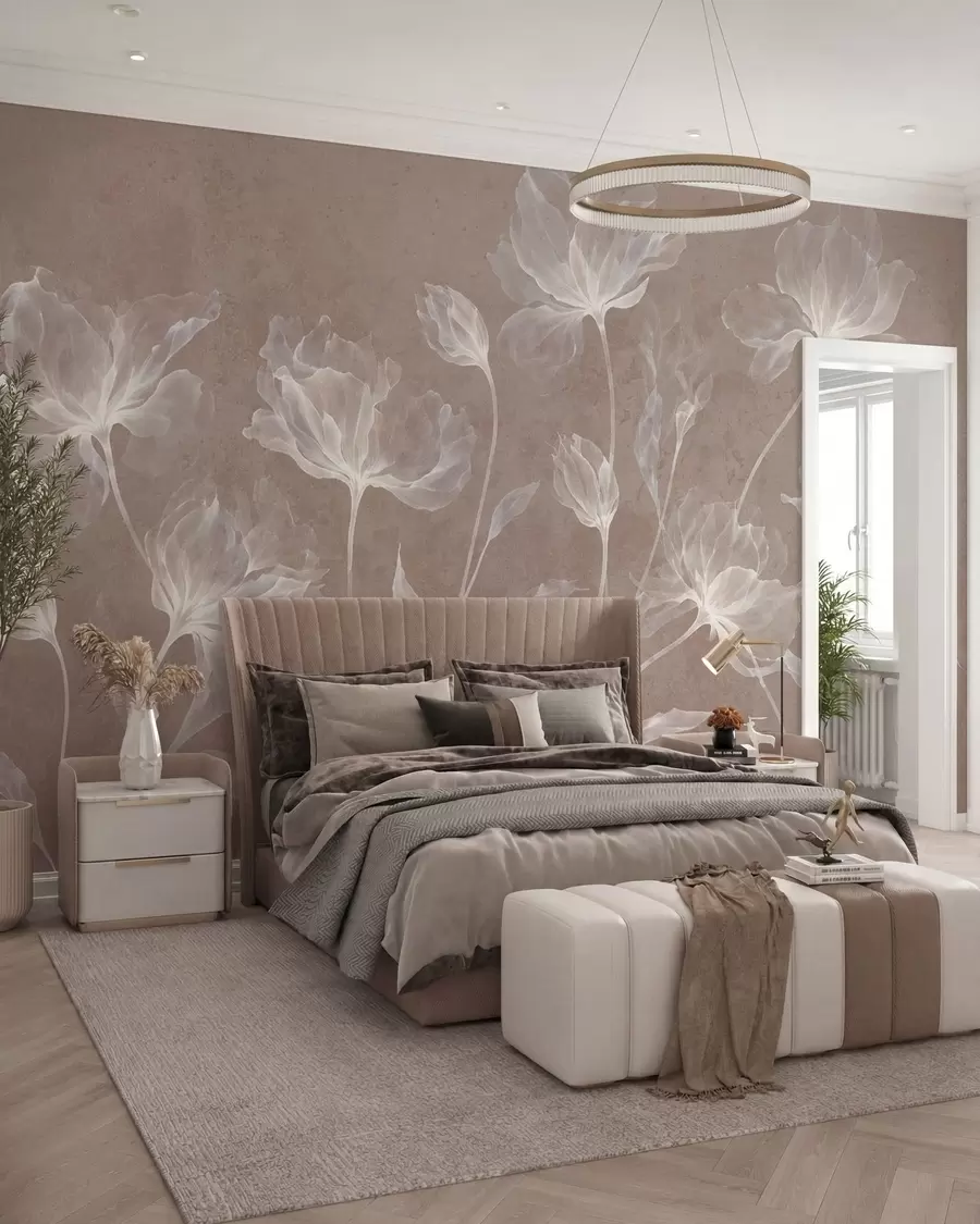 murais de parede Flores elegantes e arejadas, com pétalas translúcidas dispostas em camadas, em hastes longas e delicadas w05579v3
