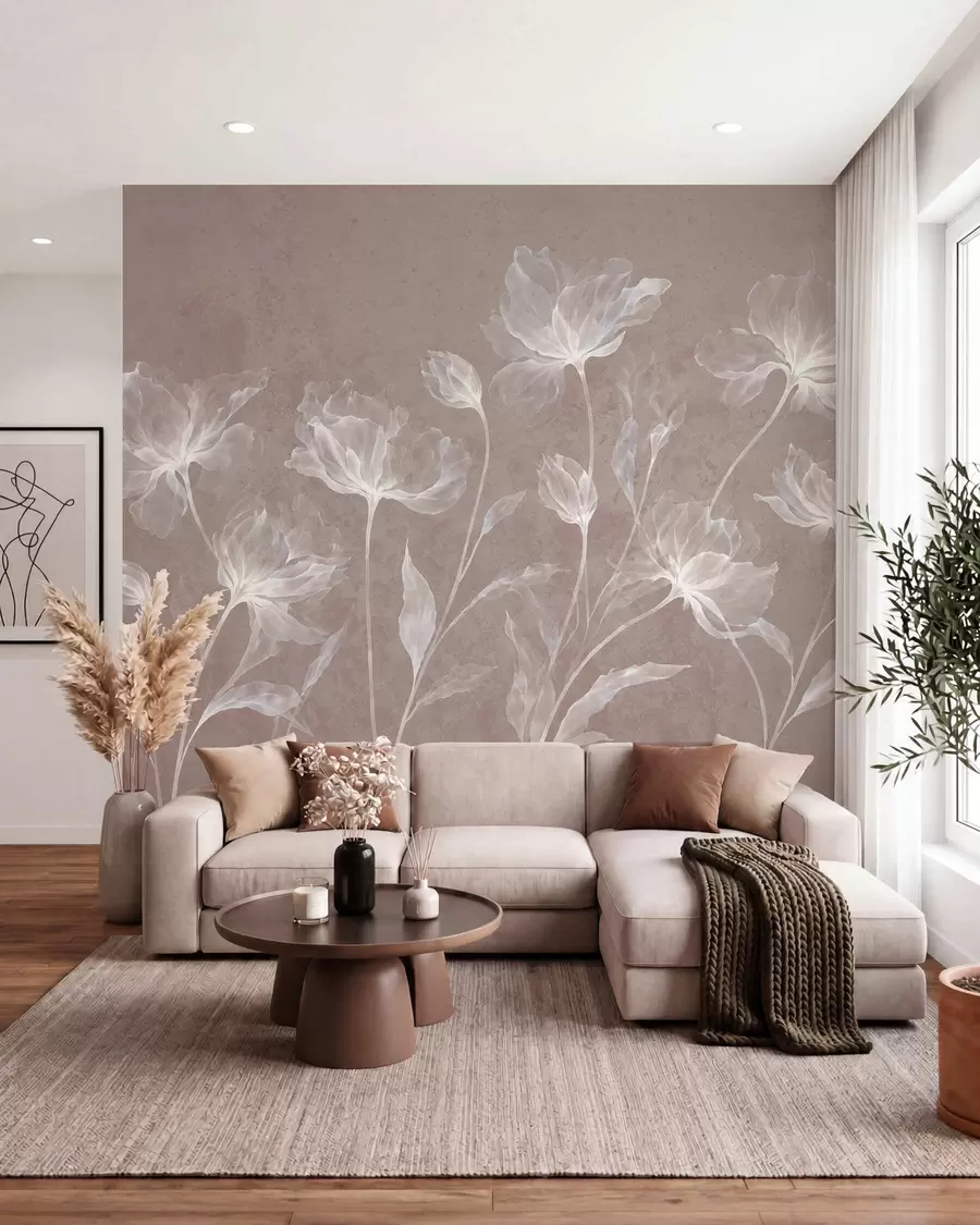 murais de parede Flores elegantes e arejadas, com pétalas translúcidas dispostas em camadas, em hastes longas e delicadas w05579v3