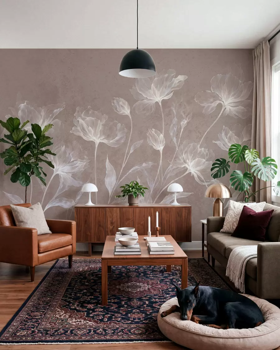 murais de parede Flores elegantes e arejadas, com pétalas translúcidas dispostas em camadas, em hastes longas e delicadas w05579v3