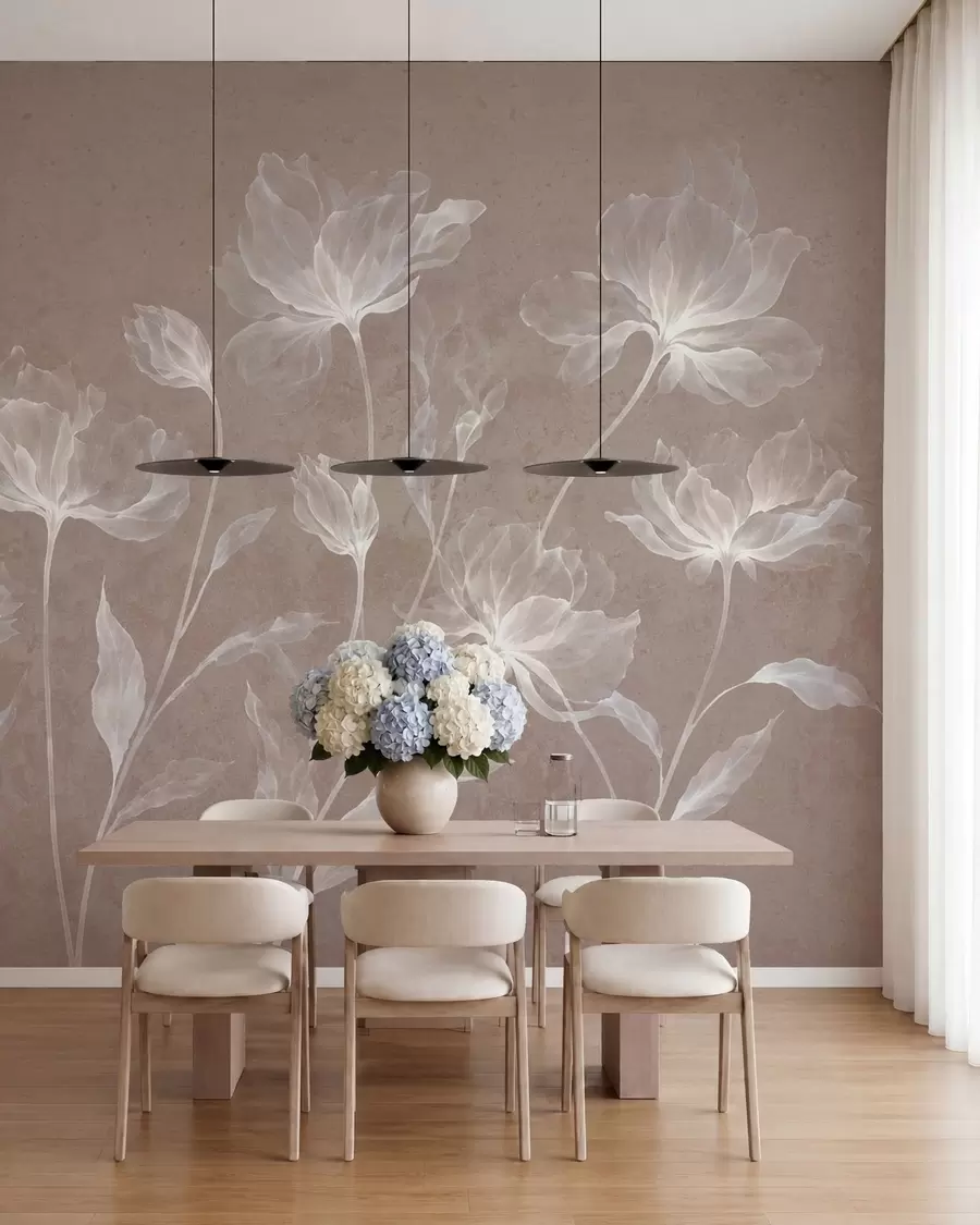 murais de parede Flores elegantes e arejadas, com pétalas translúcidas dispostas em camadas, em hastes longas e delicadas w05579v3