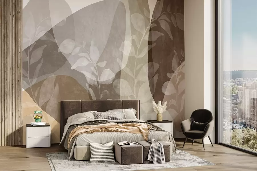 murais de parede Formas abstratas em tons terrosos sobreponham-se a elementos botânicos transparentes e a obras de arte texturizadas w09865