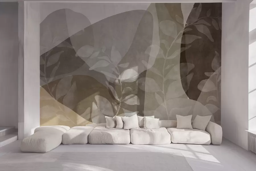 murais de parede Formas abstratas em tons terrosos sobreponham-se a elementos botânicos transparentes e a obras de arte texturizadas w09865