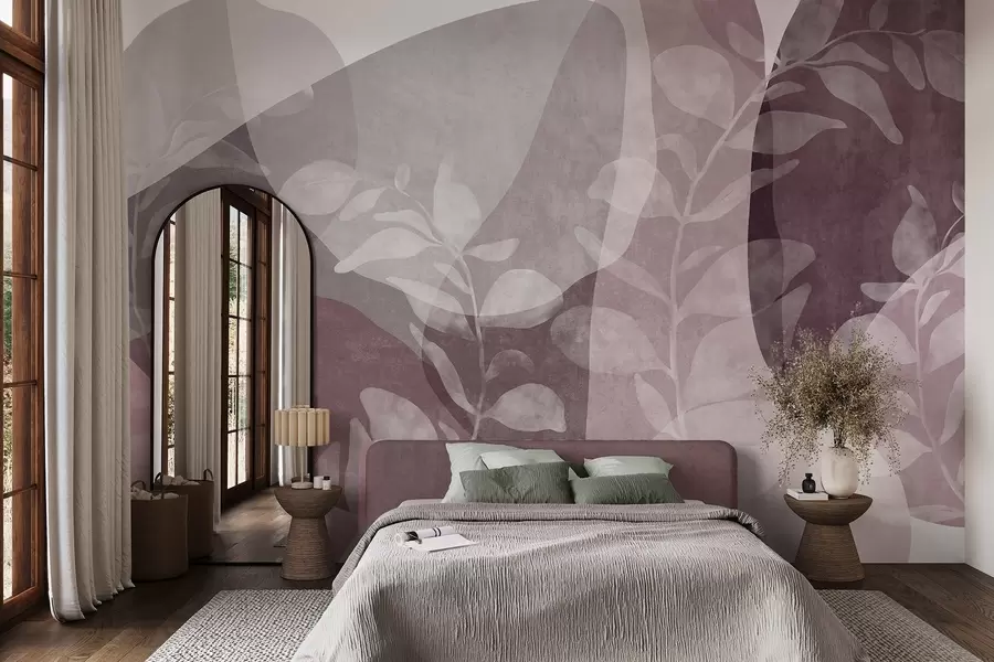 murais de parede Formas abstratas em tons suaves sobrepõem-se a elementos botânicos transparentes e a obras de arte texturizadas w09865v1