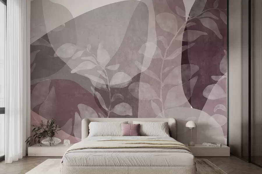 murais de parede Formas abstratas em tons suaves sobrepõem-se a elementos botânicos transparentes e a obras de arte texturizadas w09865v1