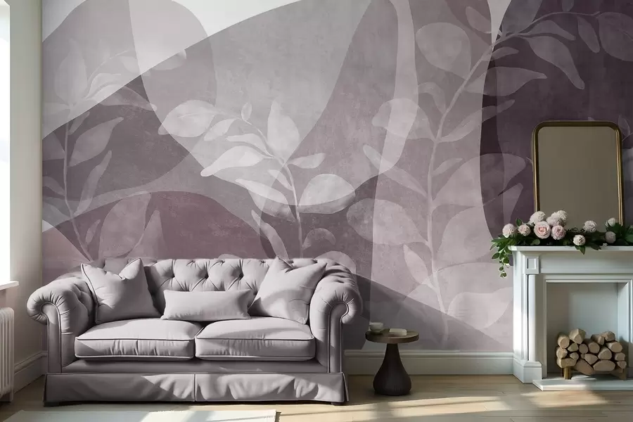 murais de parede Formas abstratas em tons suaves sobrepõem-se a elementos botânicos transparentes e a obras de arte texturizadas w09865v1