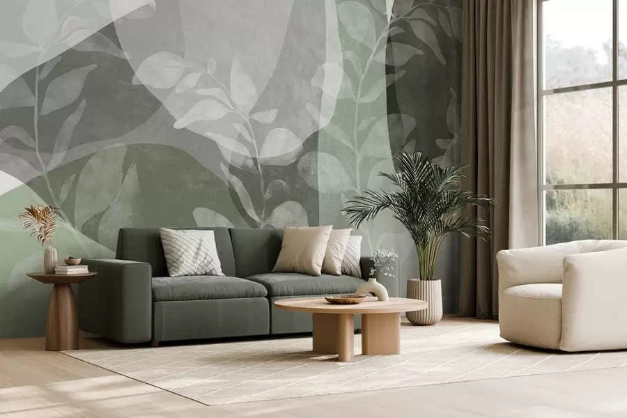 murais de parede Formas abstratas em tons de verde sobrepõem-se a elementos botânicos transparentes e a obras de arte texturizadas w09865v2