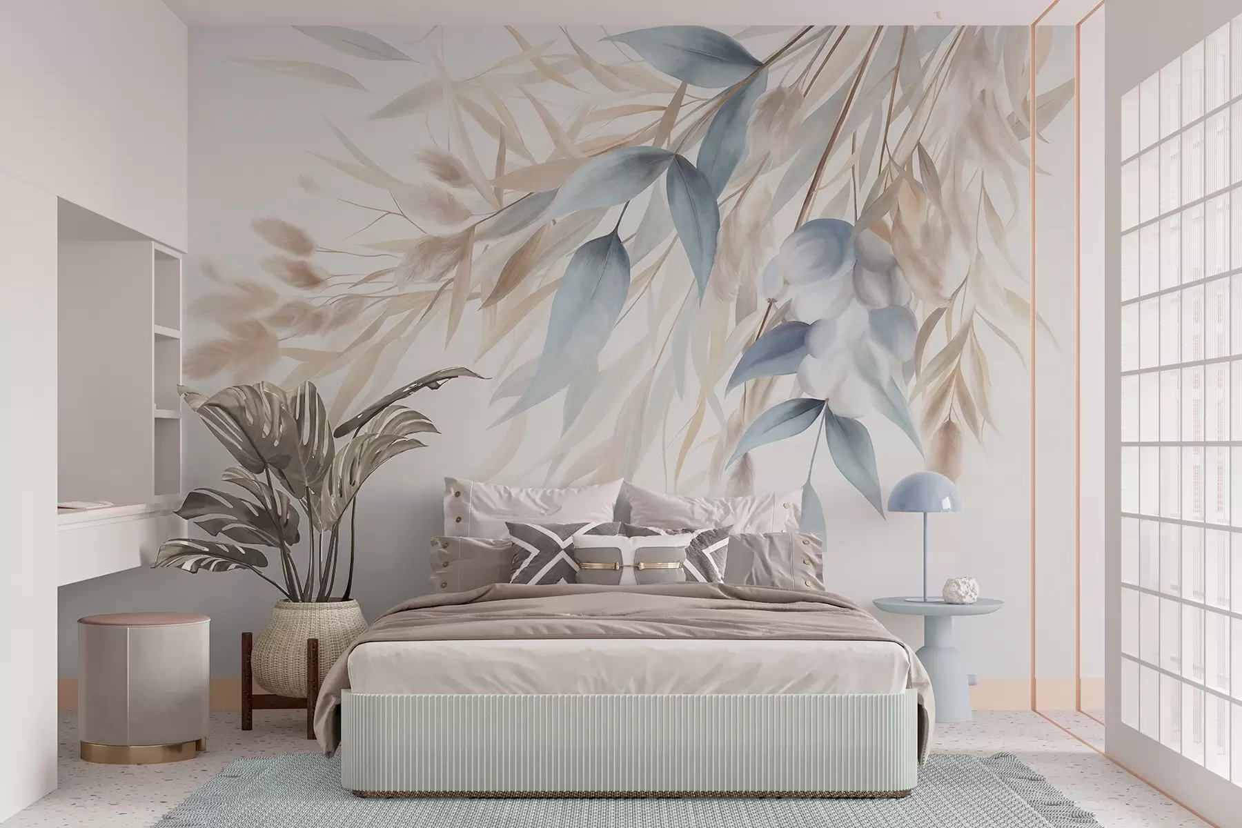 murais de parede Erva seca com textura, capim-dos-pampas e folhas azuis, pintadas num estilo suave de aguarela w09868