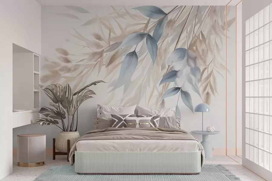 murais de parede Erva seca com textura, capim-dos-pampas e folhas azuis, pintadas num estilo suave de aguarela w09868