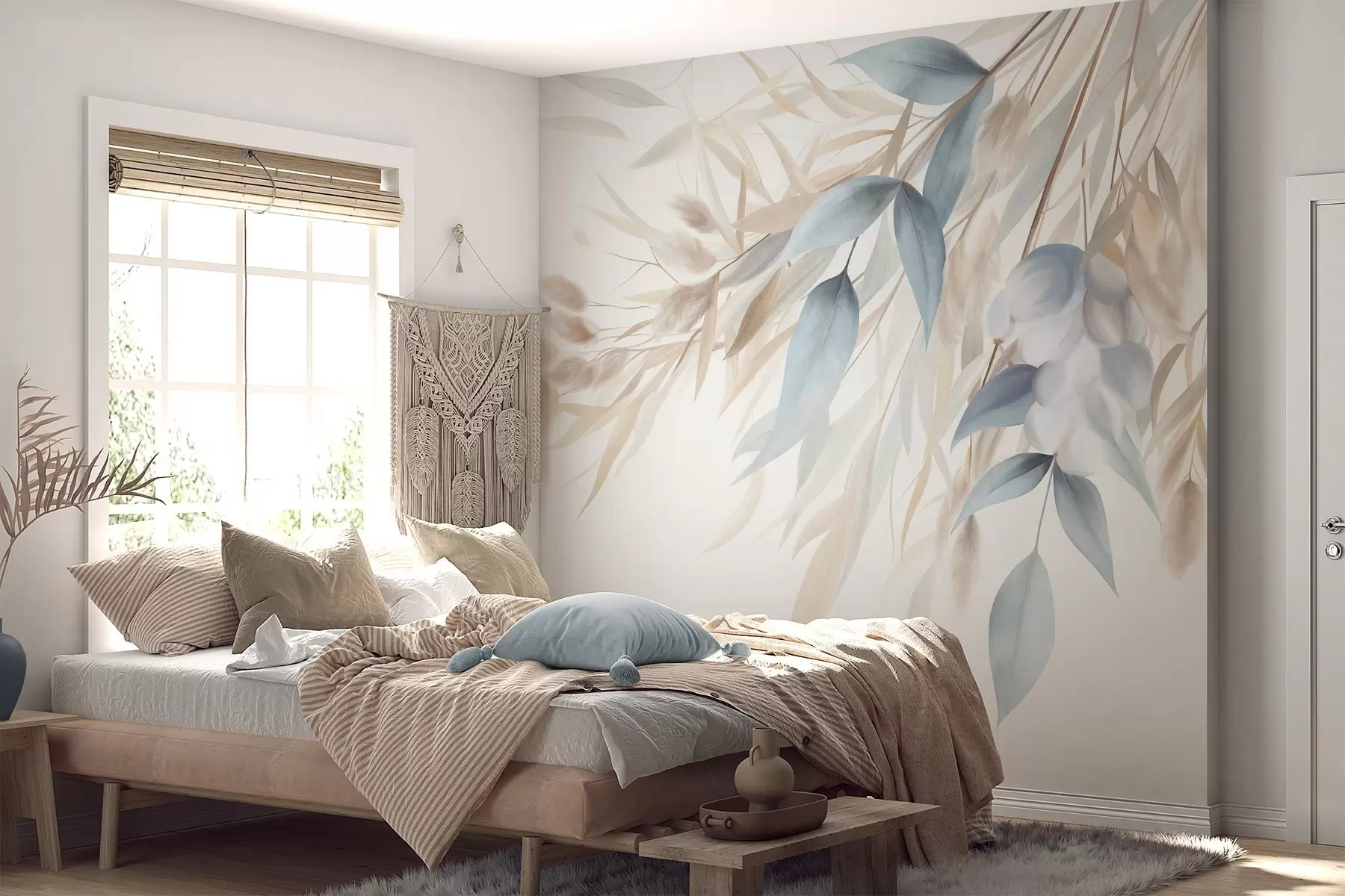 murais de parede Erva seca com textura, capim-dos-pampas e folhas azuis, pintadas num estilo suave de aguarela w09868
