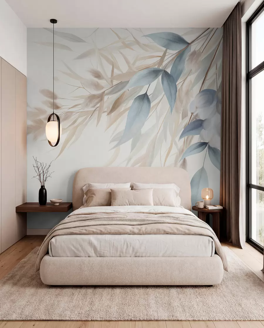 murais de parede Erva seca com textura, capim-dos-pampas e folhas azuis, pintadas num estilo suave de aguarela w09868